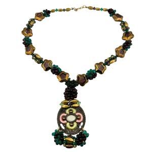 Artisan Art Glass Maximalist Boho Green Wine Gold Tone Necklace Earring Set